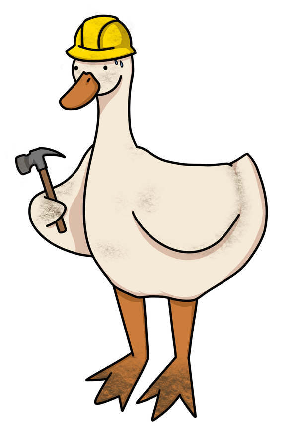 A cartoon goose in a hard hat holding a hammer