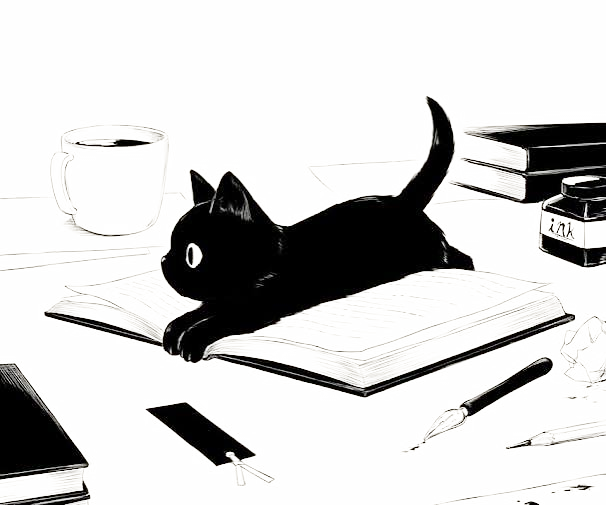 A black cat lying on an open book on a desk
